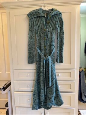 Free People Teal Button-Up Knit Maxi sweater with Belt